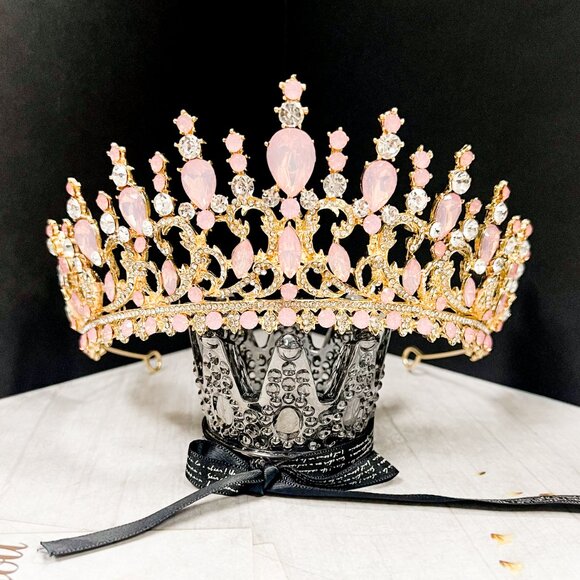 Pink and Gold Crystal Tiara Wedding Princess Gemstone Crown Adult women’s queen - Picture 10 of 11